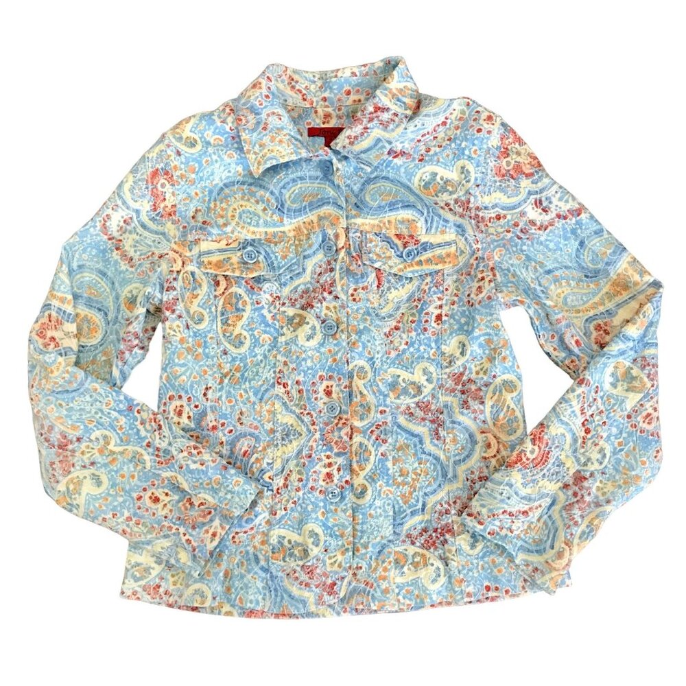 Joni B Women's Art-To-Wear Floral Embroidered Button-Up Shacket. Size M. Coastal